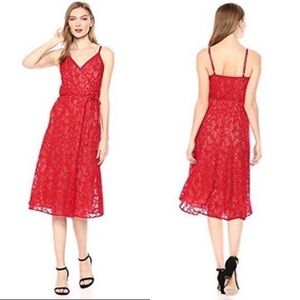 NWOT Ali & Jay Women's Faux Wrap Contrast Red Lace Fit & Flare Midi Dress size L